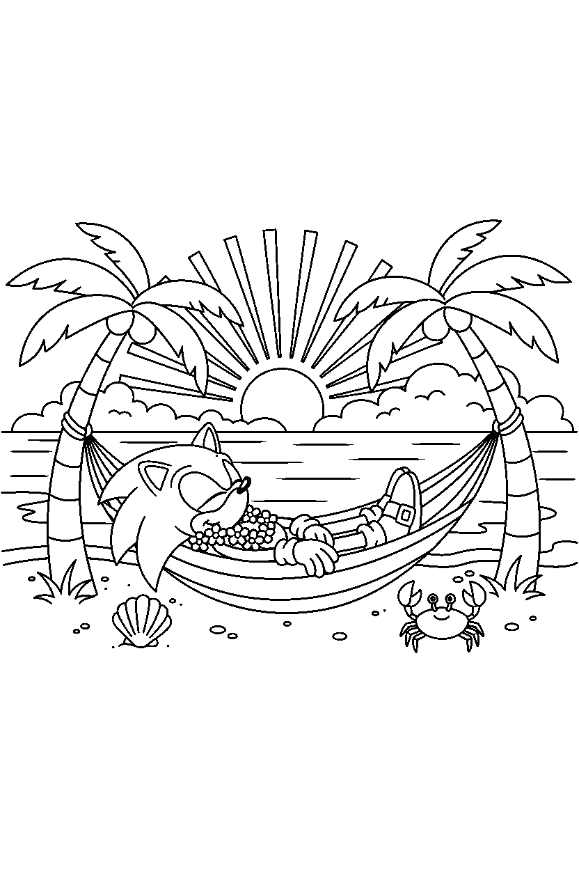 sonic the hedgehog relaxing peacefully on a tropical coast line art