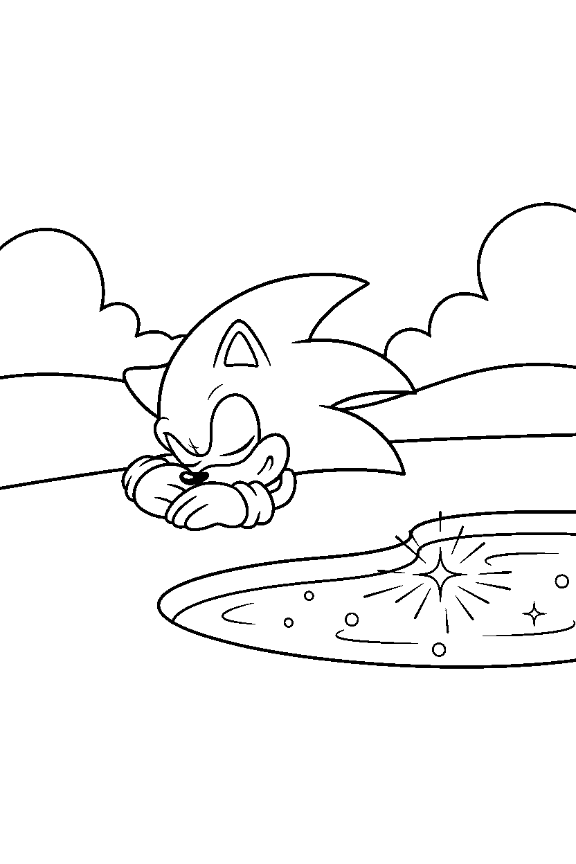 sonic the hedgehog resting peacefully near sparkling water line art
