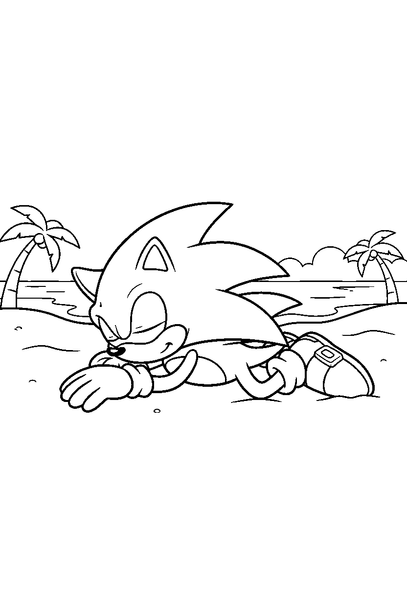 sonic the hedgehog resting peacefully on a sandy shore line art