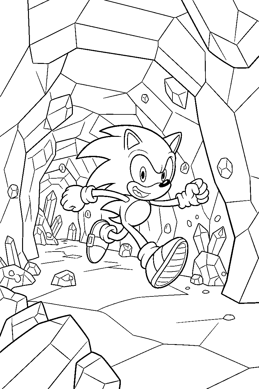 sonic the hedgehog running happily in a crystal cave line art