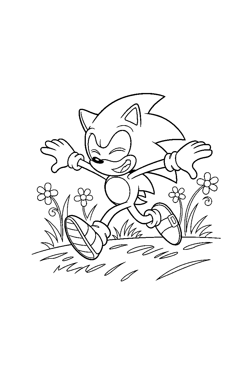 sonic the hedgehog running happily in a glowing grassland line art