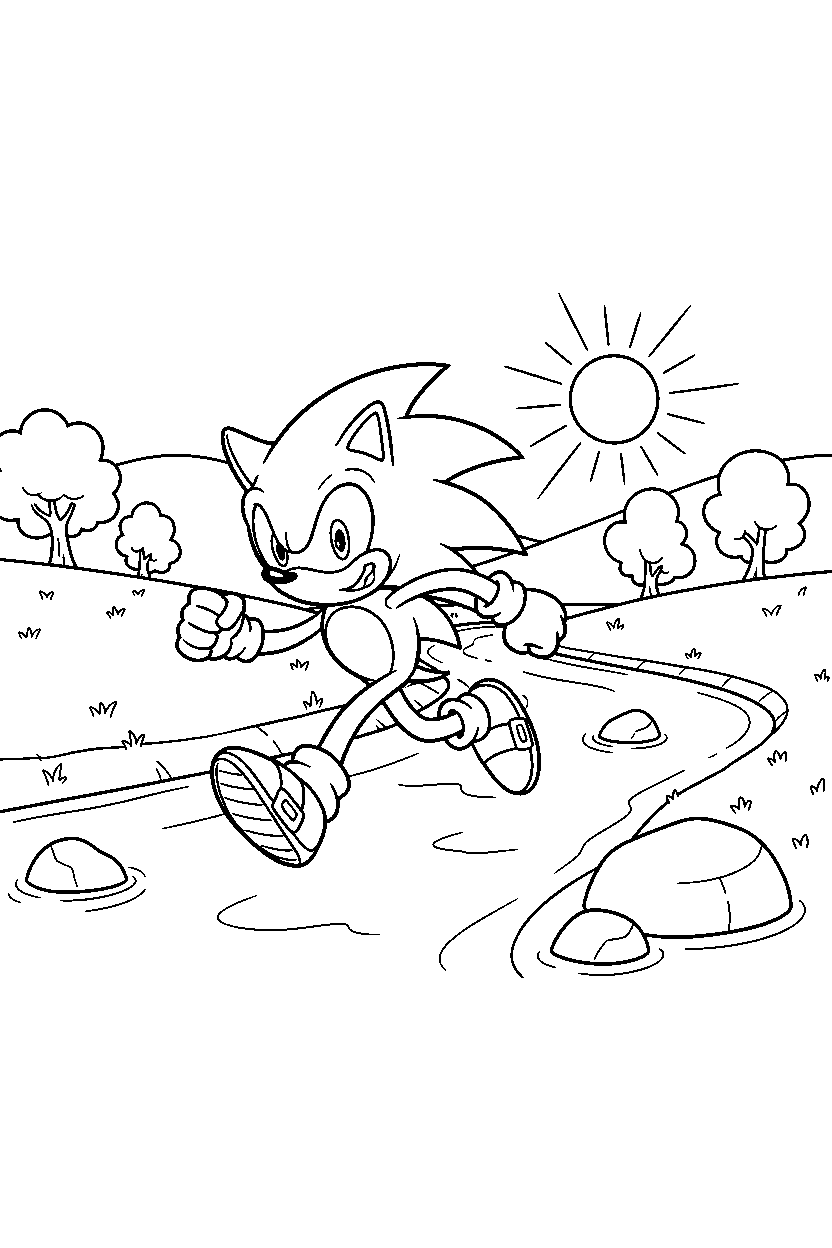 sonic the hedgehog running happily near a peaceful riverbank line art
