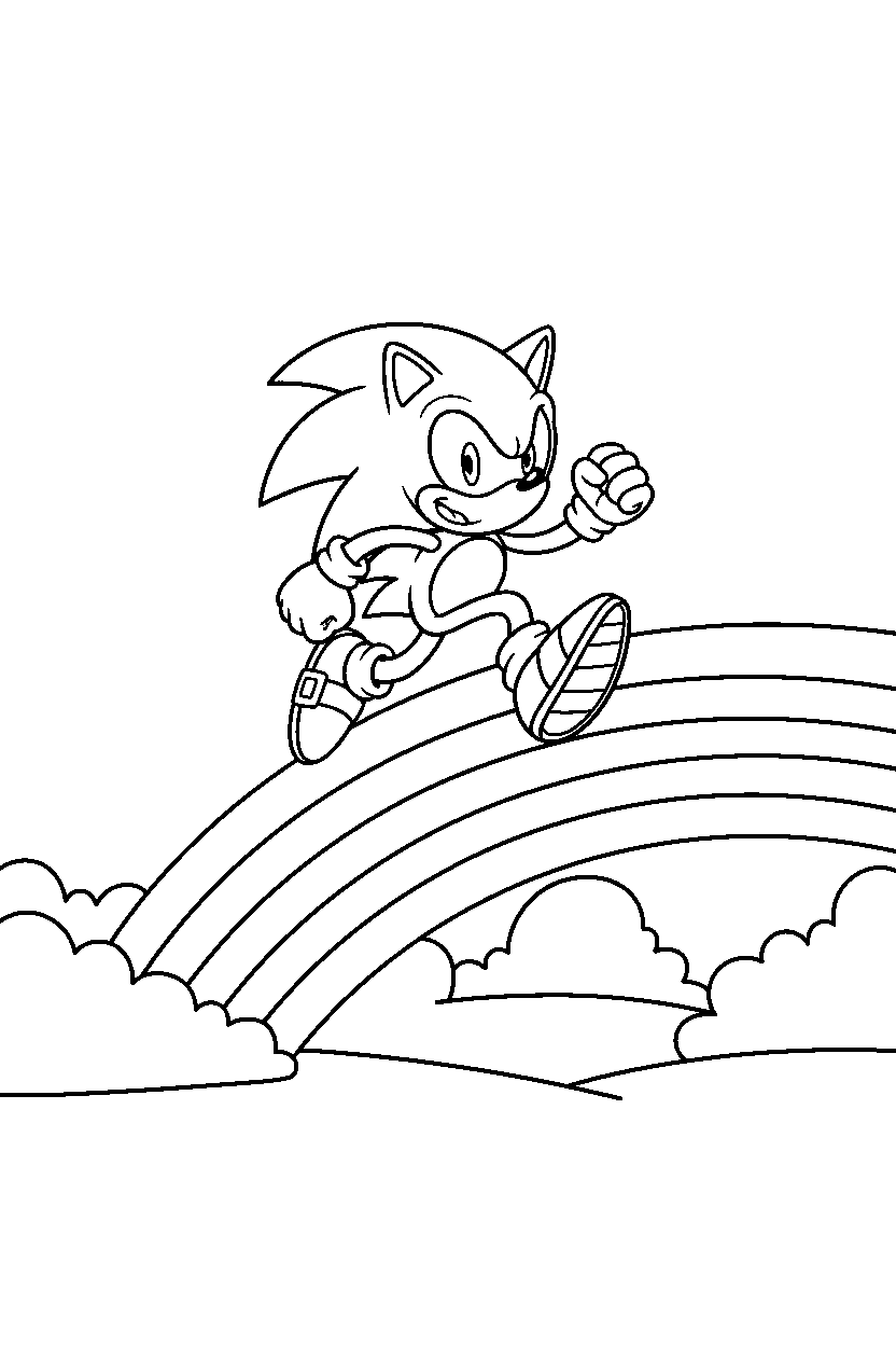 sonic the hedgehog running happily on a rainbow hillside line art