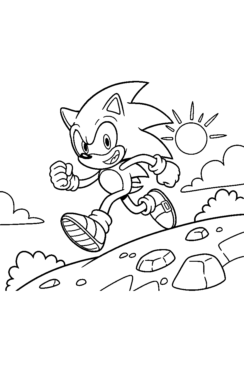 sonic the hedgehog running happily on a rocky hill line art