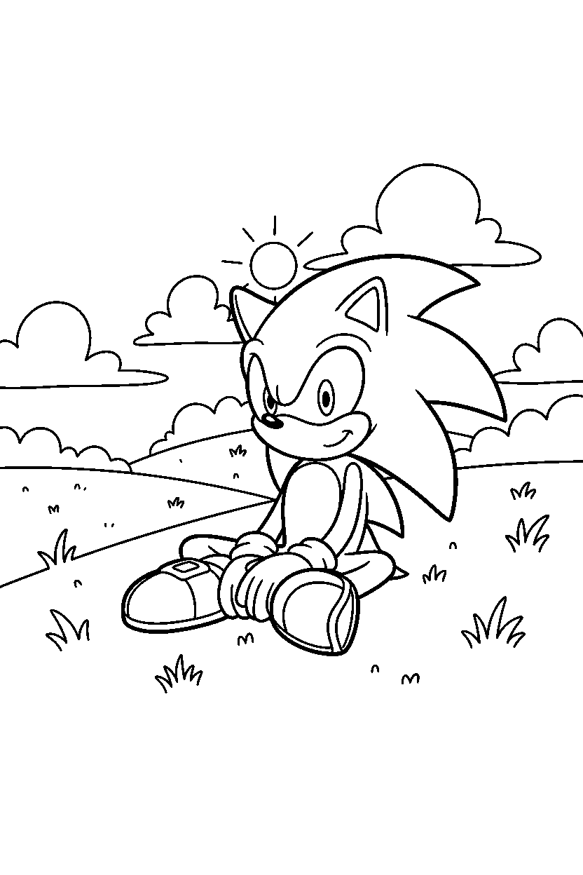 sonic the hedgehog sitting peacefully in a peaceful grassland line art