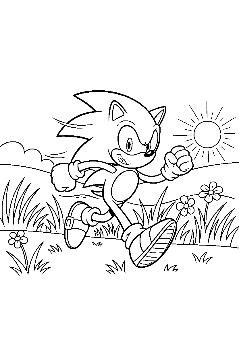 sonic the hedgehog smiling happily in a breezy meadow line art