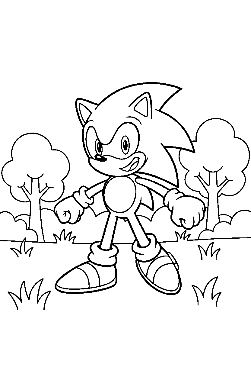 sonic the hedgehog smiling happily in a bright grass zone line art