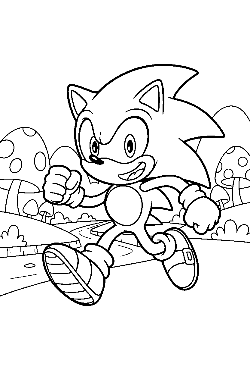 sonic the hedgehog smiling happily in a fantasy valley line art