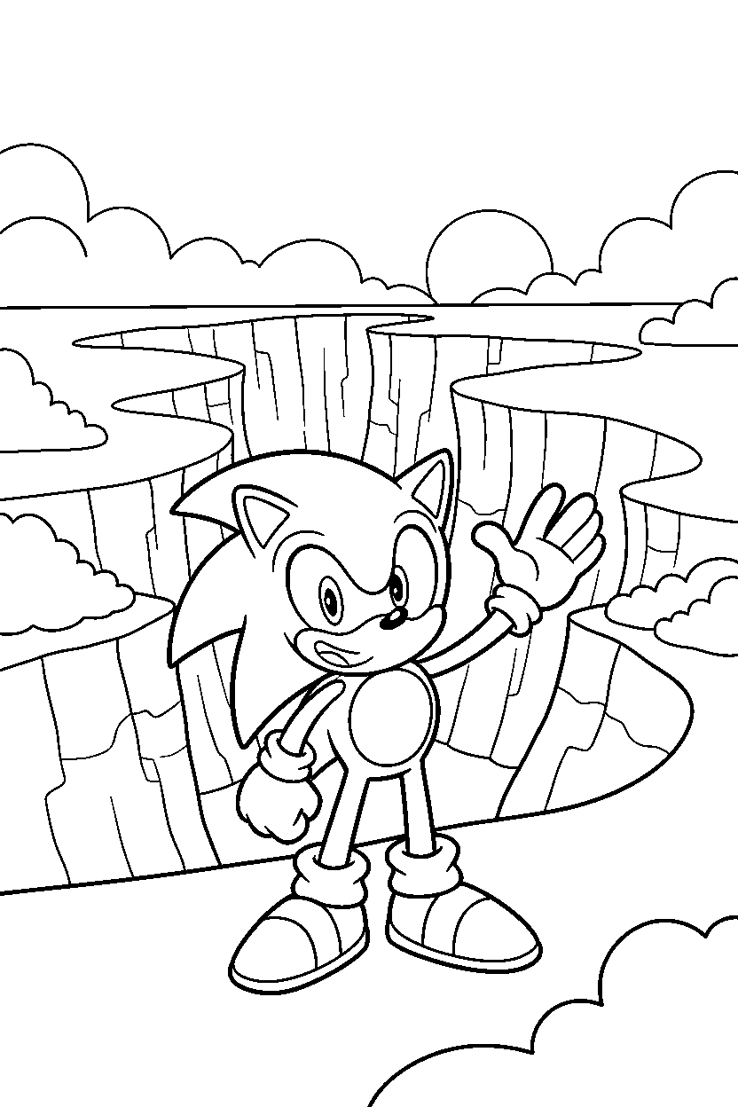 sonic the hedgehog smiling happily near a green canyon line art