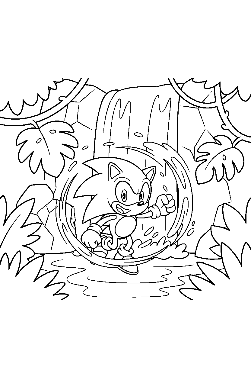sonic the hedgehog spinning happily near jungle waterfalls line art