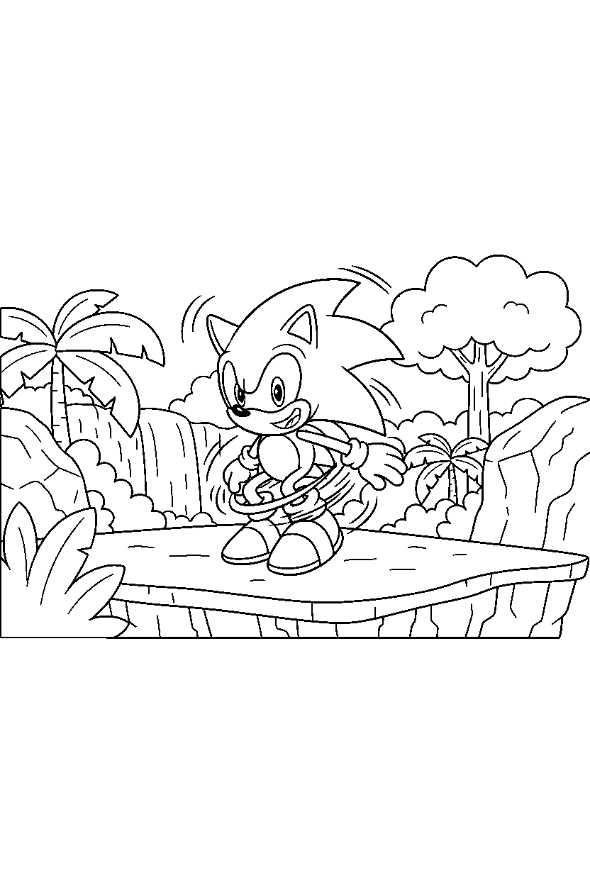 sonic the hedgehog spinning happily on a jungle plateau line art
