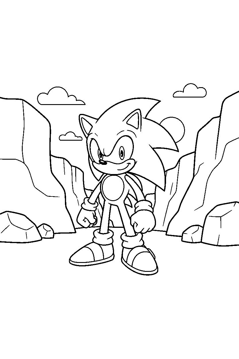 sonic the hedgehog standing bravely in a peaceful canyon line art
