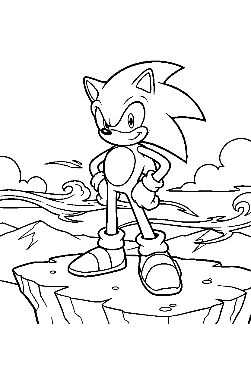 sonic the hedgehog standing bravely on a windy plateau line art