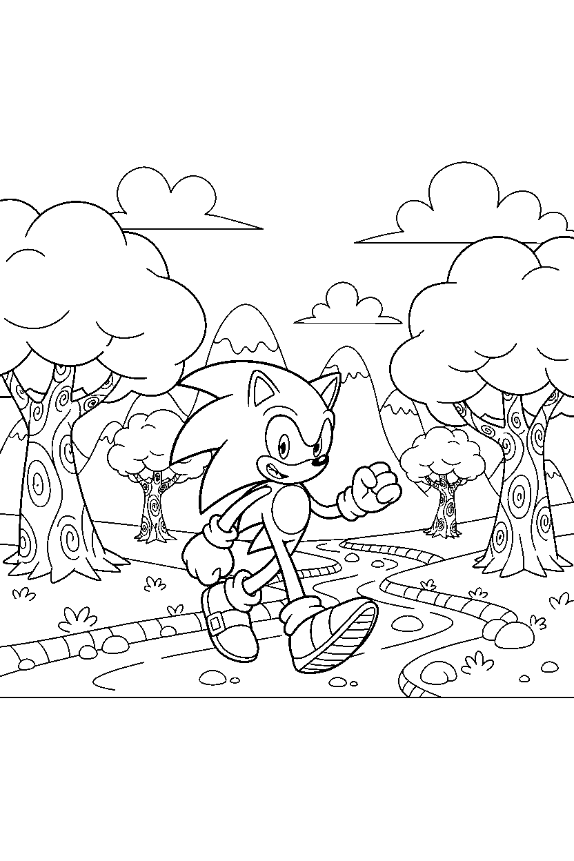 sonic the hedgehog walking happily in a fantasy valley line art