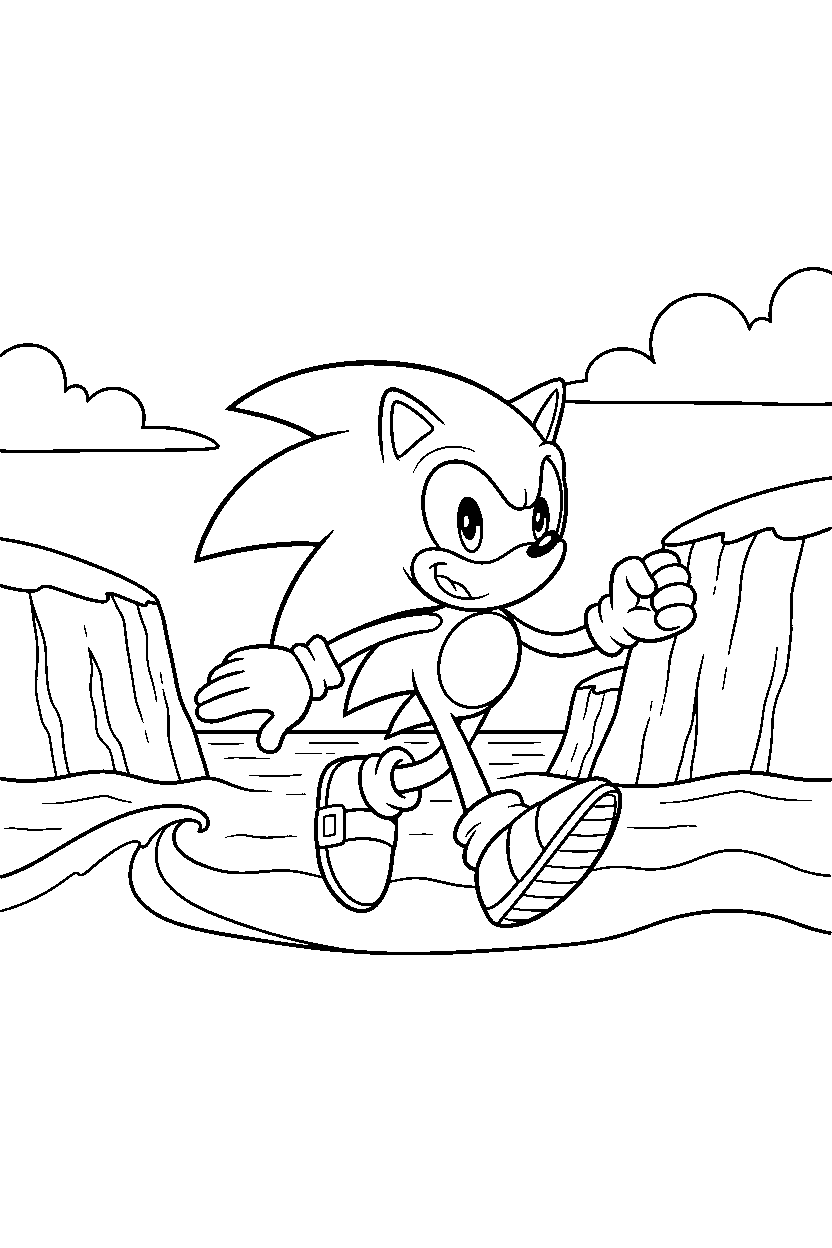 sonic the hedgehog walking happily near ocean cliffs line art