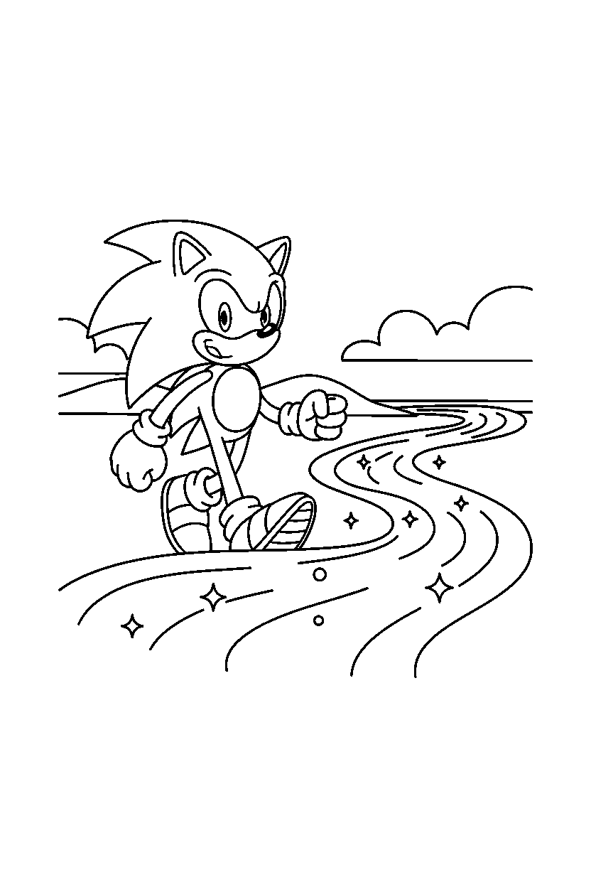 sonic the hedgehog walking happily near sparkling water line art