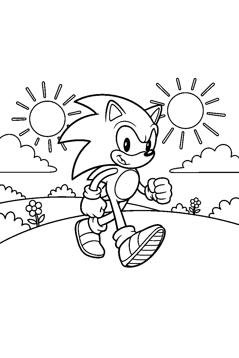 sonic the hedgehog walking happily on a bright hillside line art