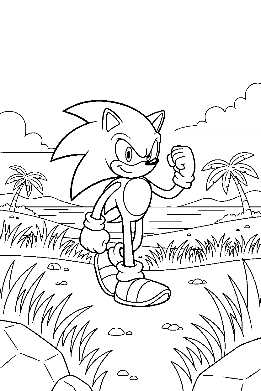 sonic the hedgehog walking proudly in a bright coastal field line art