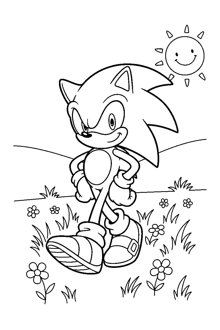 sonic the hedgehog walking proudly in a bright grass zone line art