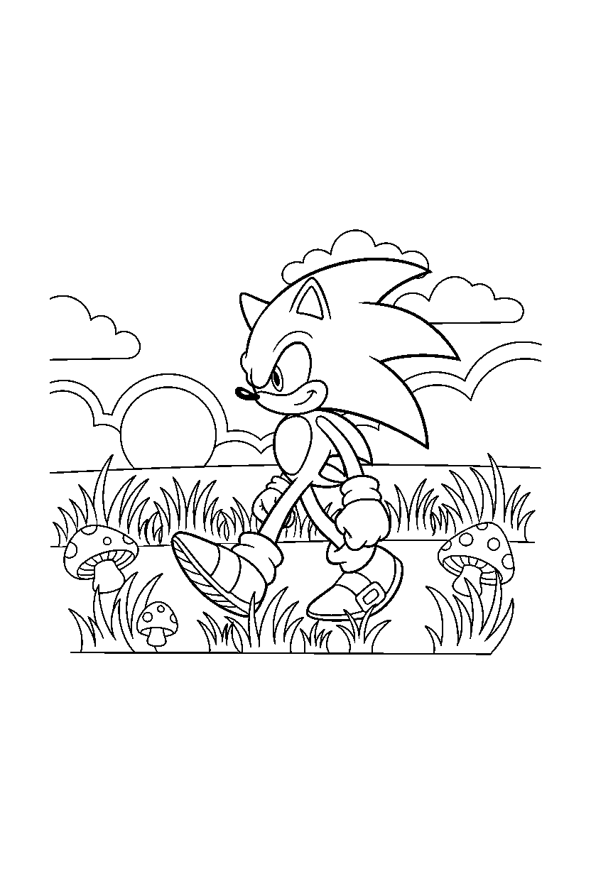 sonic the hedgehog walking proudly in a glowing grassland line art