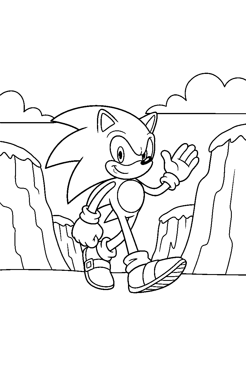 sonic the hedgehog walking proudly near bright cliffs line art