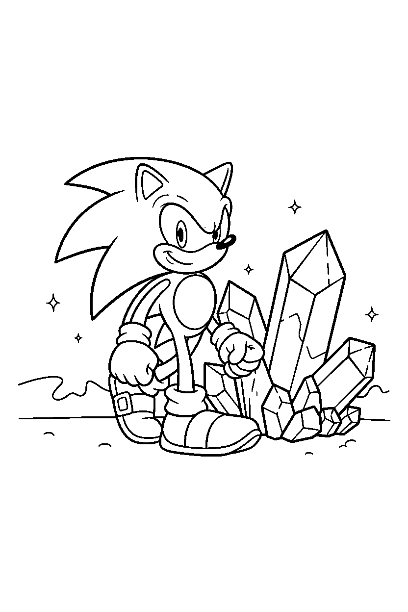 sonic the hedgehog walking proudly near crystal rocks line art
