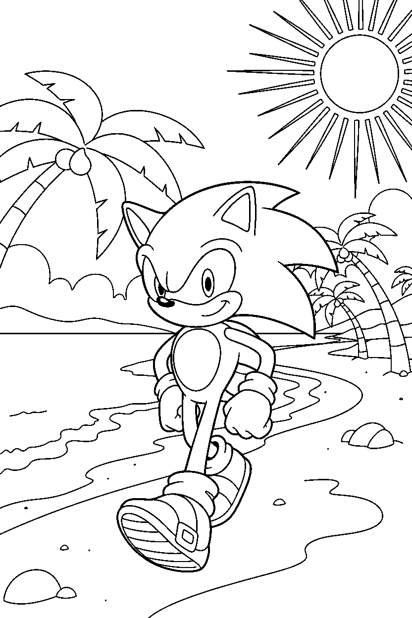 sonic the hedgehog walking proudly on a tropical coast line art