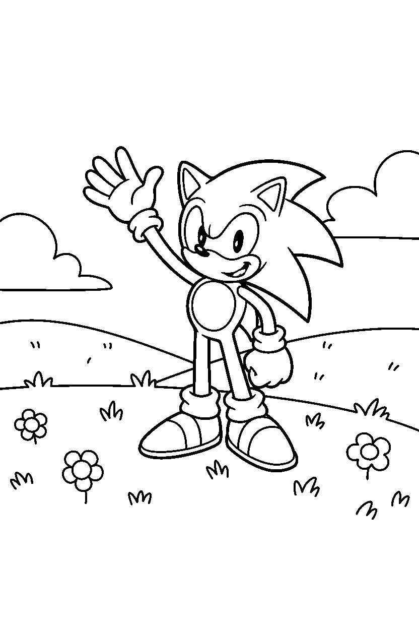 sonic the hedgehog waving happily in a hilltop meadow line art