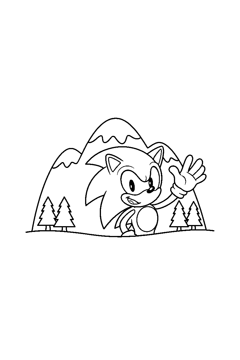 sonic the hedgehog waving happily near a mountain line art