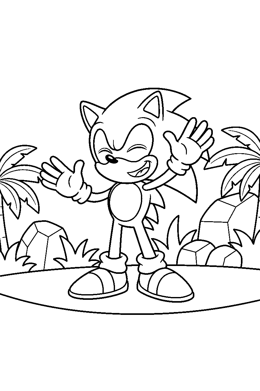 sonic the hedgehog waving happily on a jungle plateau line art