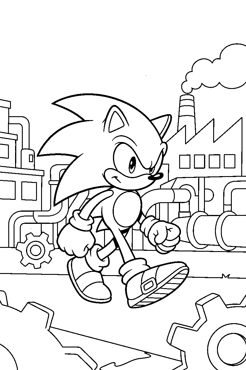 sonic walking in industrial area line art