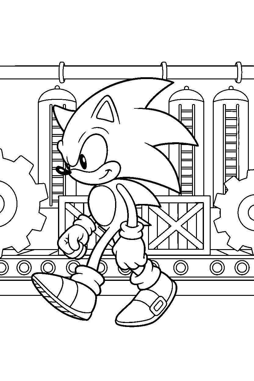 sonic walking slowly in factory line art