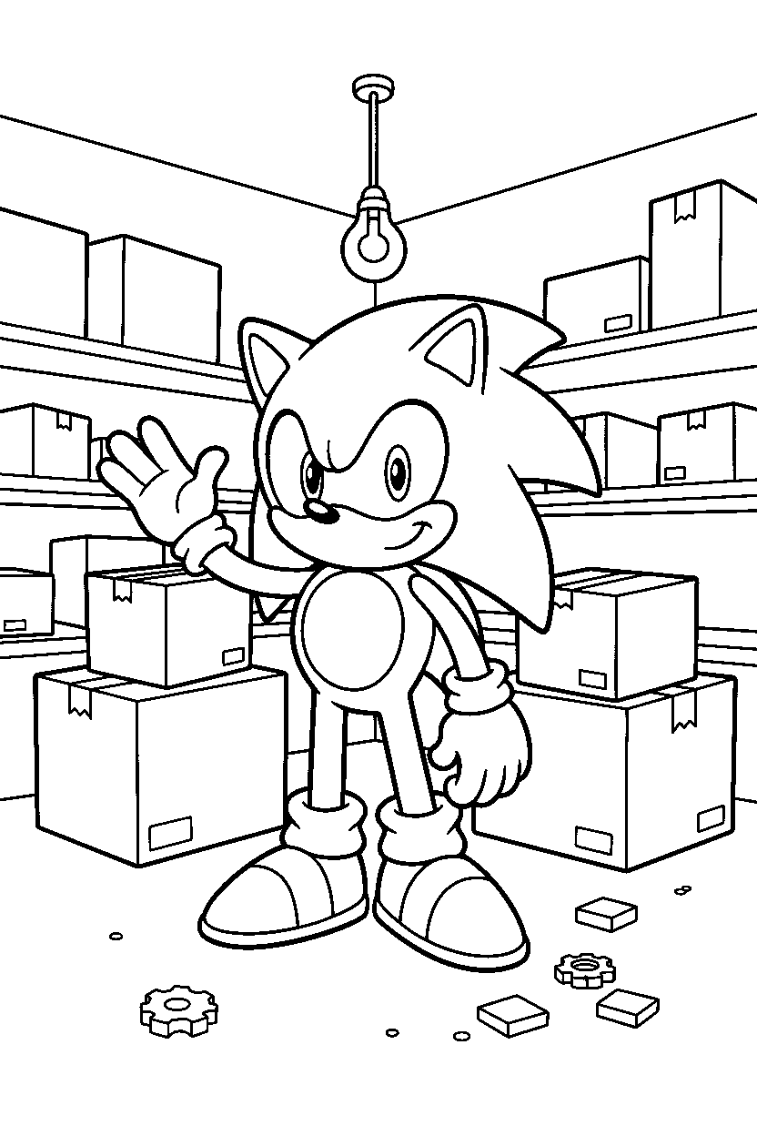 sonic waving in storage room line art