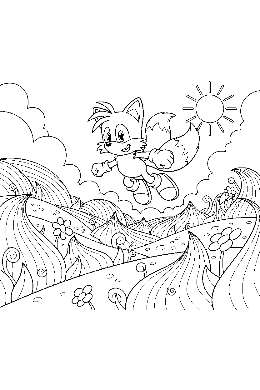 tails exploring happily in a glowing grassland line art