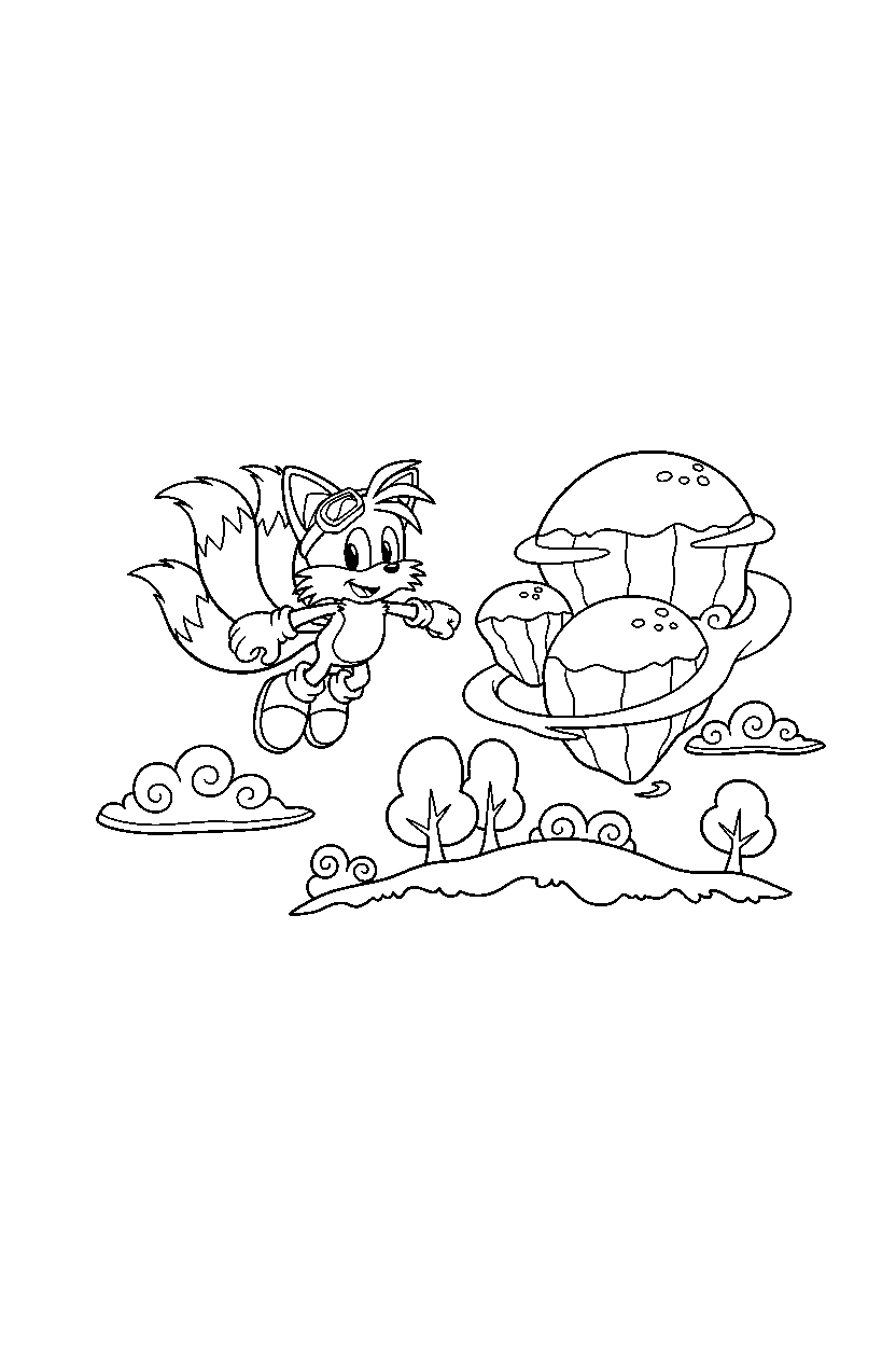 tails exploring happily near floating hills line art