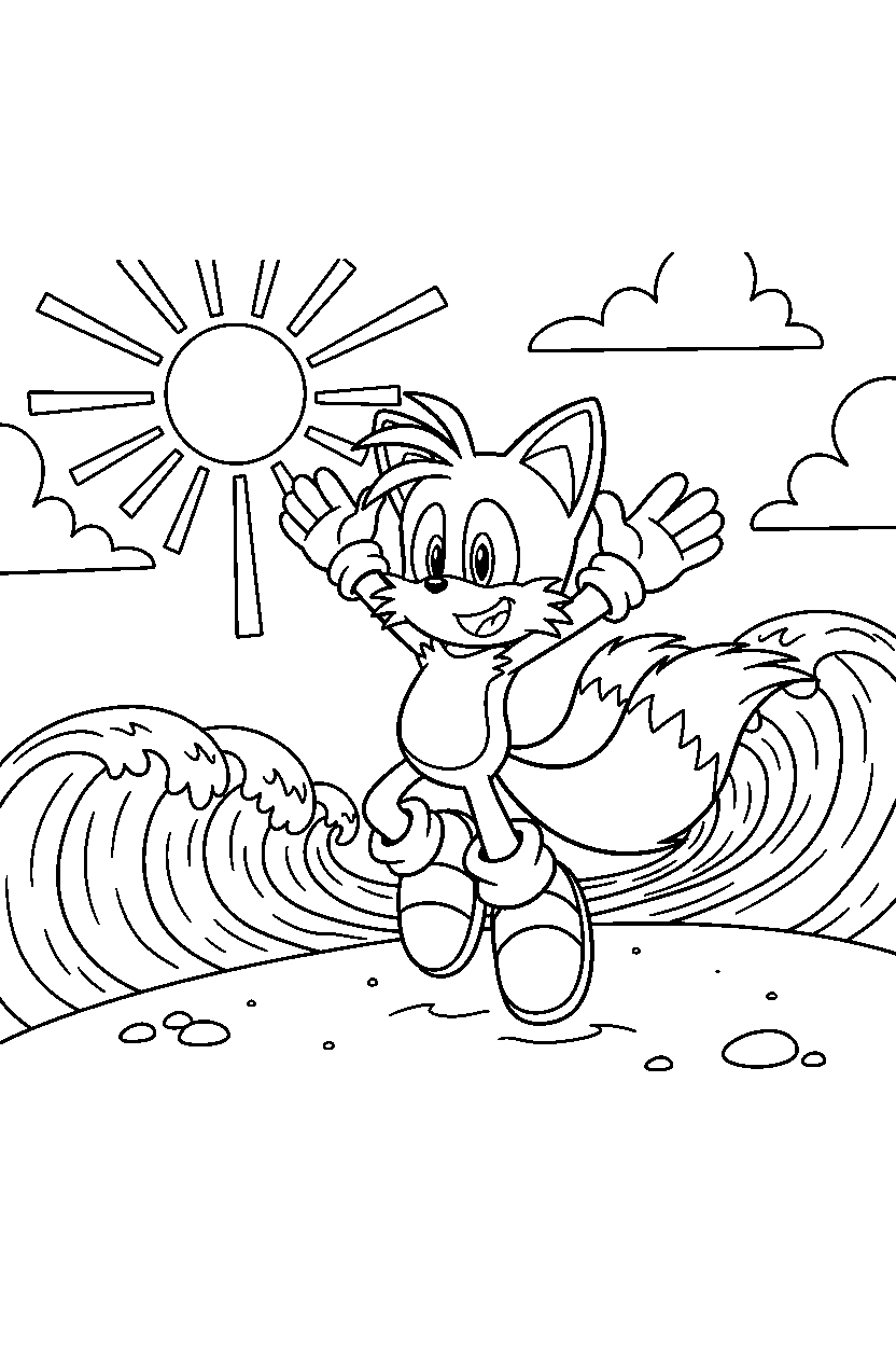 tails from sonic the hedgehog series celebrating happily near a sunny coastline line art