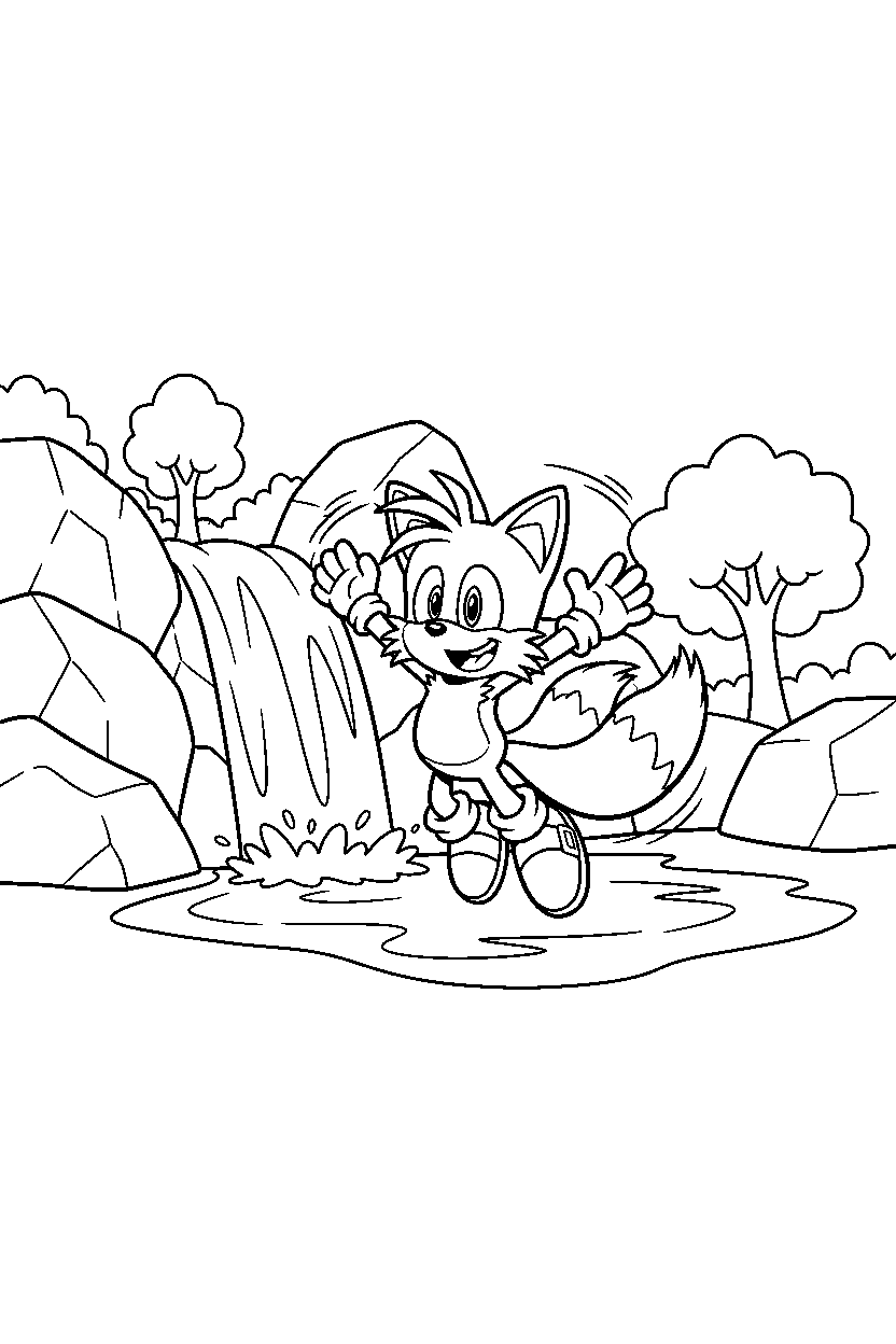 tails from sonic the hedgehog series celebrating happily near a waterfall line art