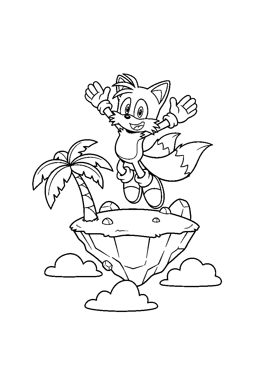 tails from sonic the hedgehog series celebrating happily on a floating hilltop line art
