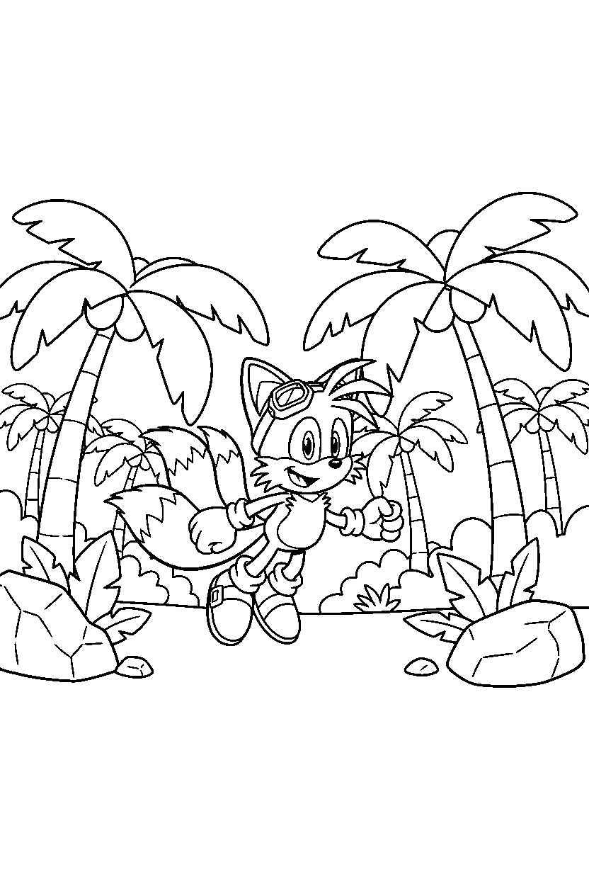 tails from sonic the hedgehog series exploring happily in a palm forest line art