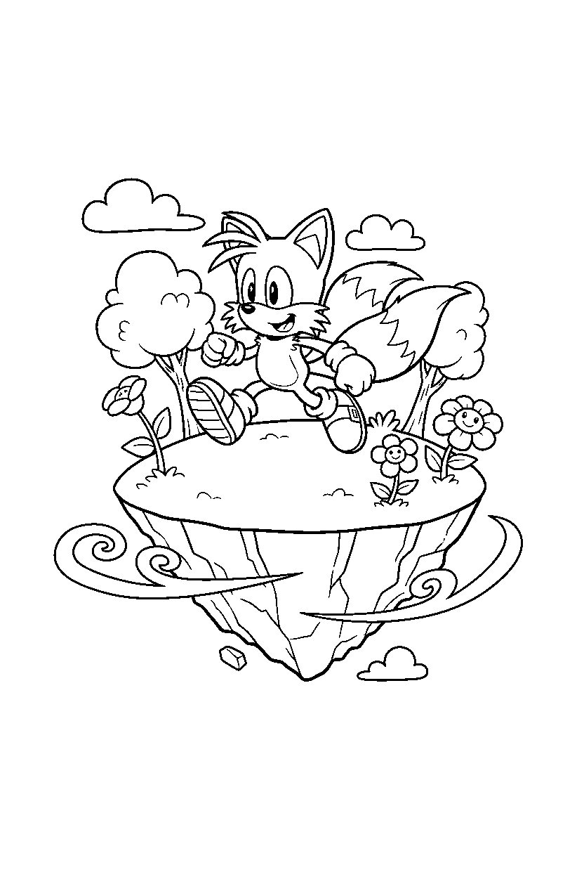 tails from sonic the hedgehog series exploring happily on a floating land line art