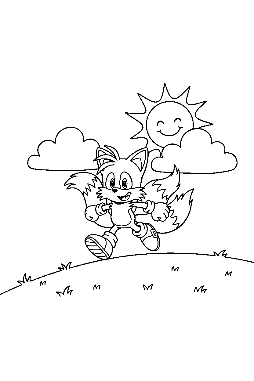 tails from sonic the hedgehog series exploring happily on a soft grassy hill line art