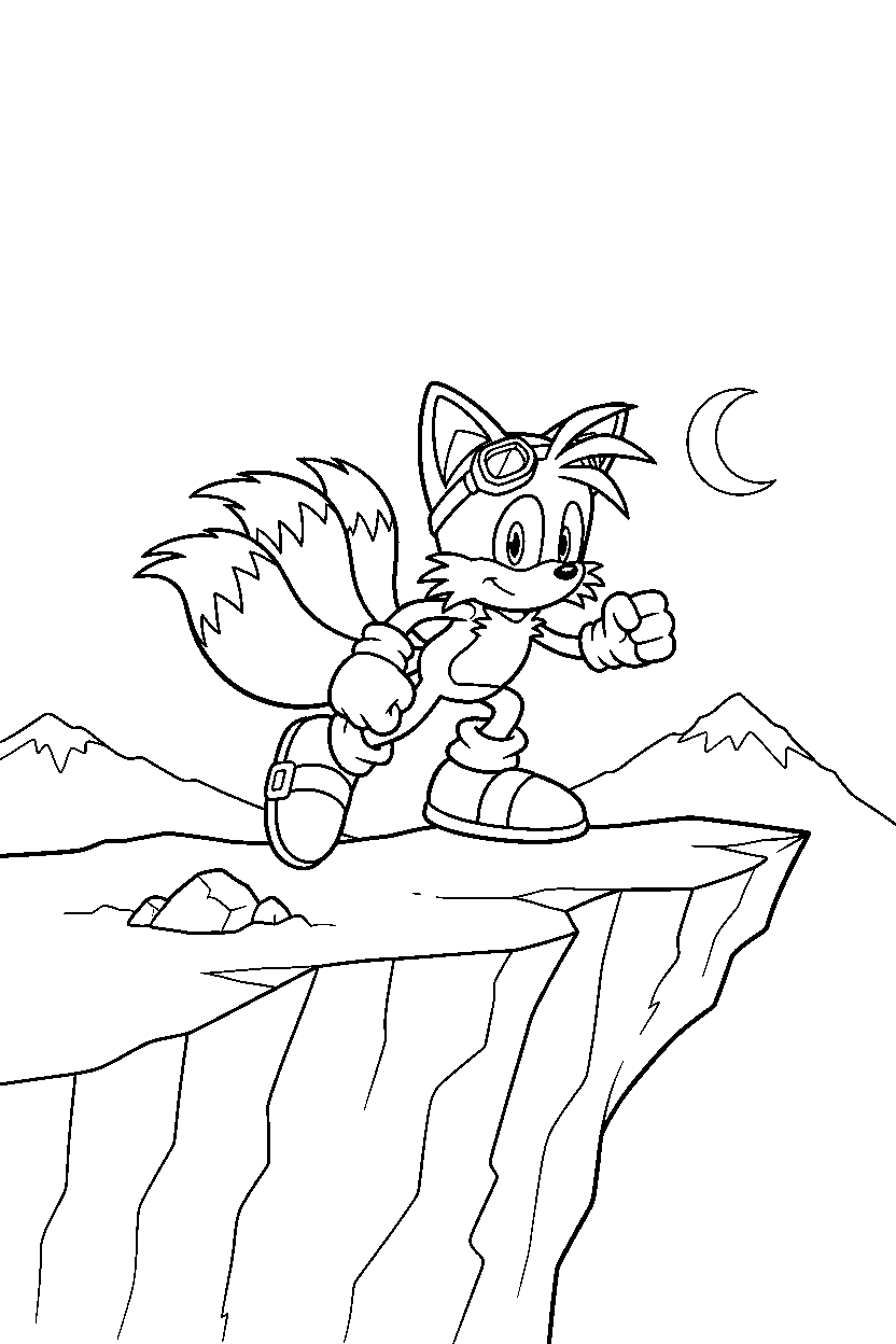 tails from sonic the hedgehog series getting ready to run near a cliffside line art