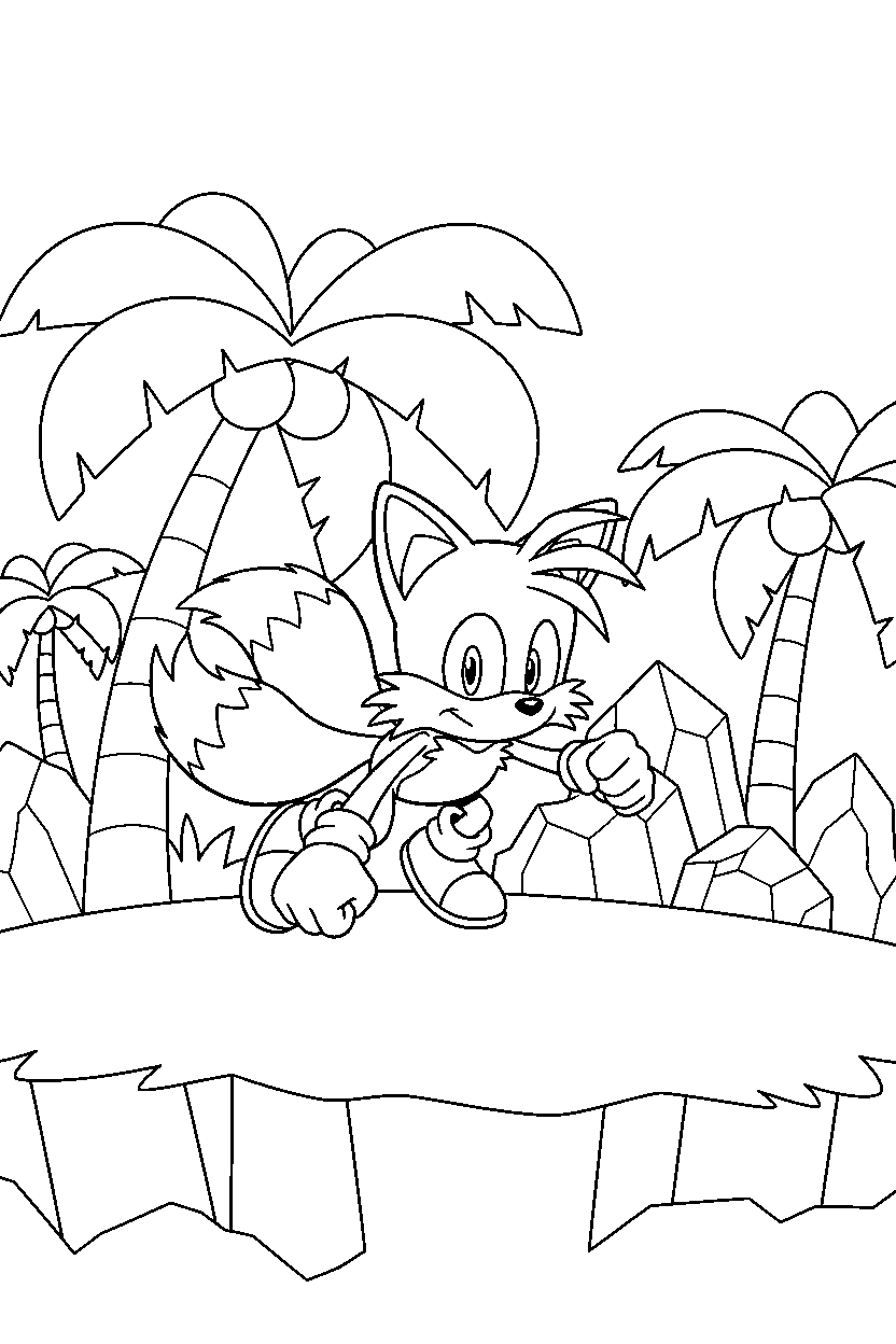 tails from sonic the hedgehog series getting ready to run on a bright island line art