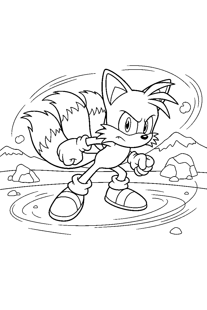 tails from sonic the hedgehog series getting ready to run on a windy plateau line art