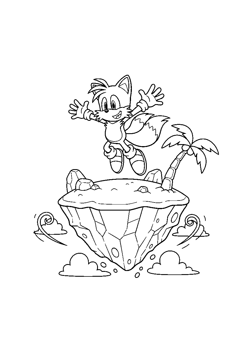 tails from sonic the hedgehog series jumping happily on a floating land line art