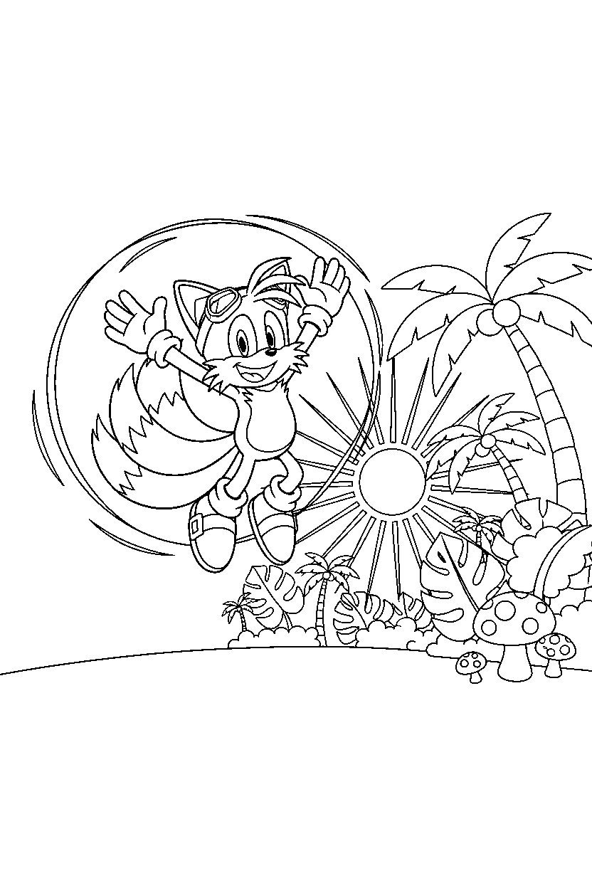 tails from sonic the hedgehog series jumping with joy near a bright jungle clearing line art