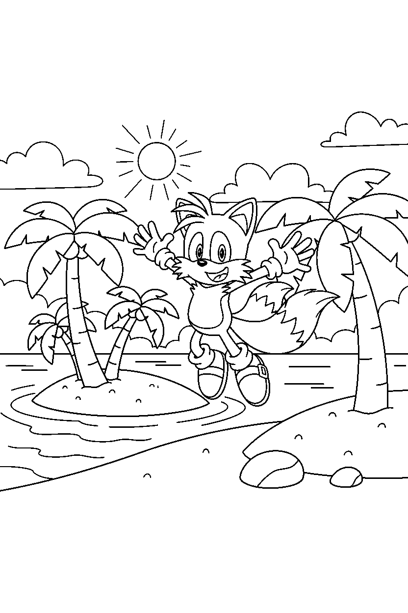 tails from sonic the hedgehog series jumping with joy on a peaceful island line art