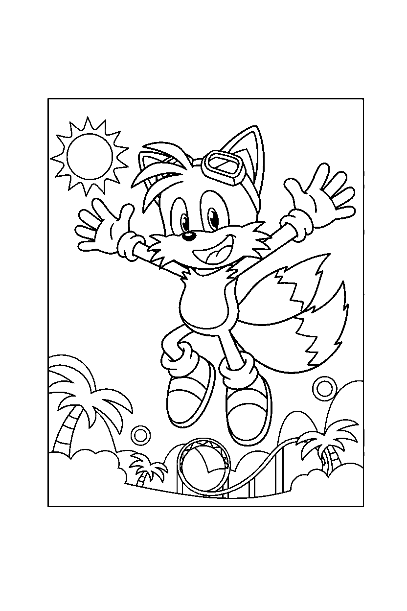 tails from sonic the hedgehog series looking excited in a sunny adventure zone line art