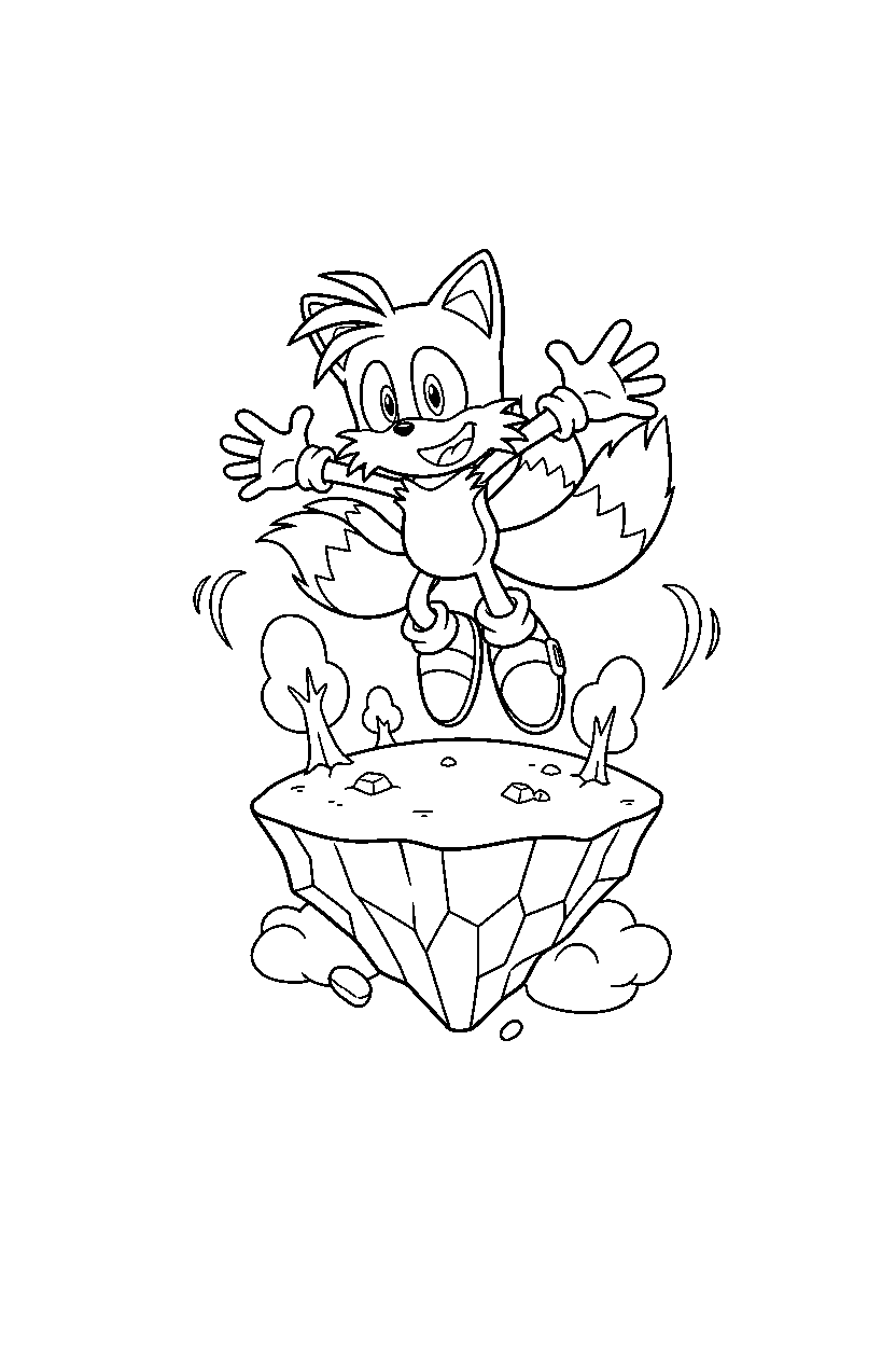 tails from sonic the hedgehog series looking excited on a floating island line art