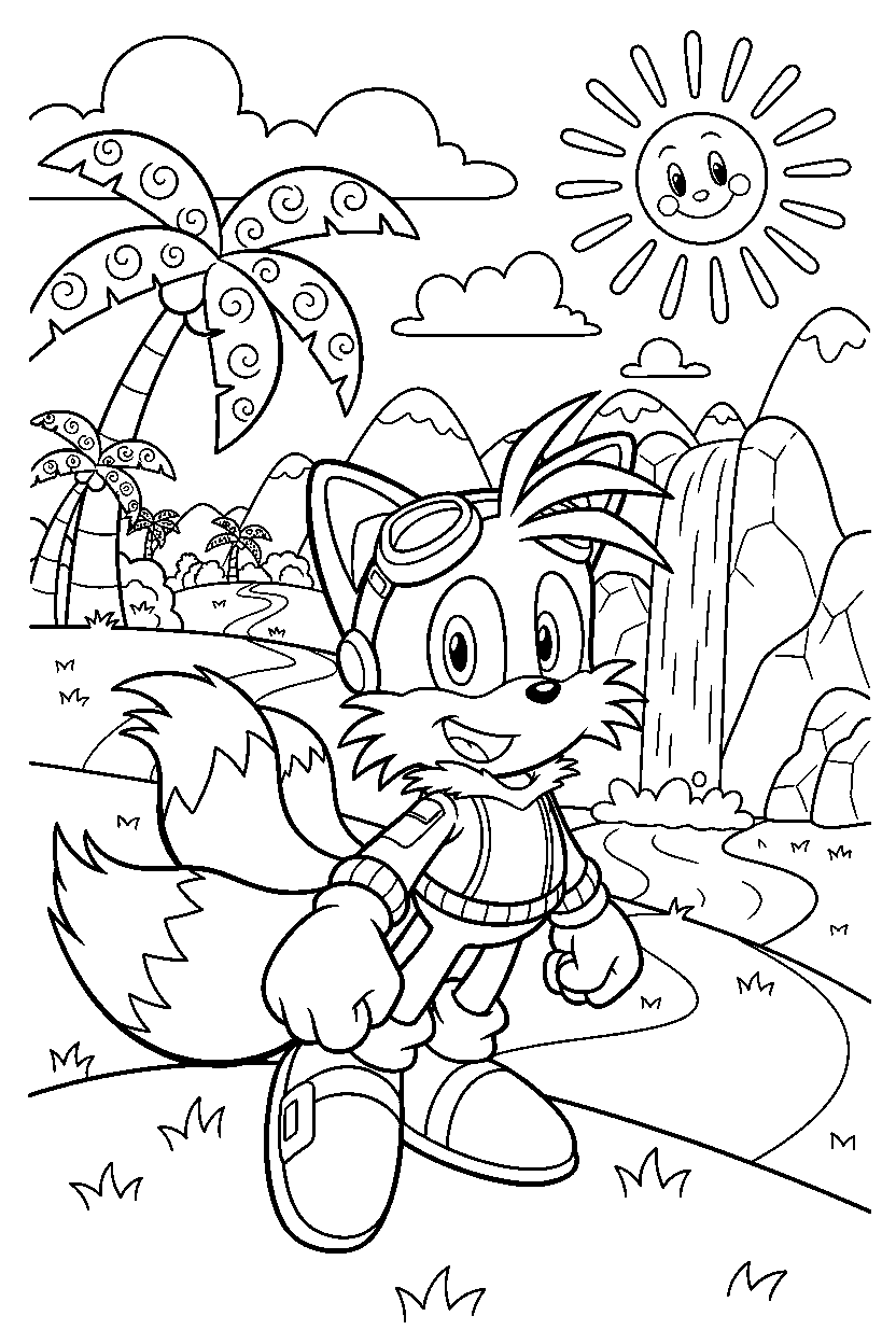 tails from sonic the hedgehog series looking happy in a bright adventure land line art